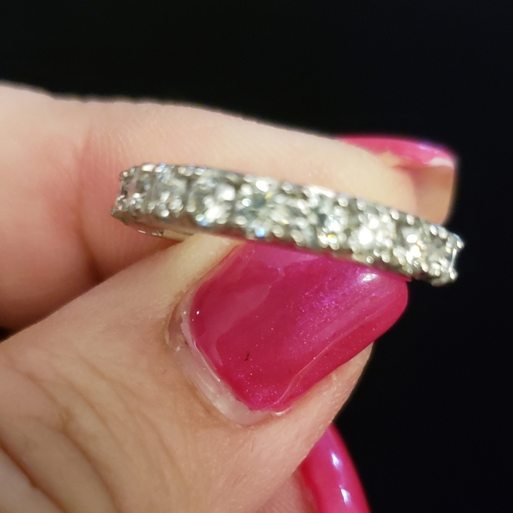 Sz 6, Moissanite Arthritis-Openable Half Eternity Band Platinum Over 925 Silver
